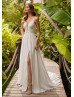 Beaded Ivory Embroidered Lace Chiffon Slit Boho Wedding Dress